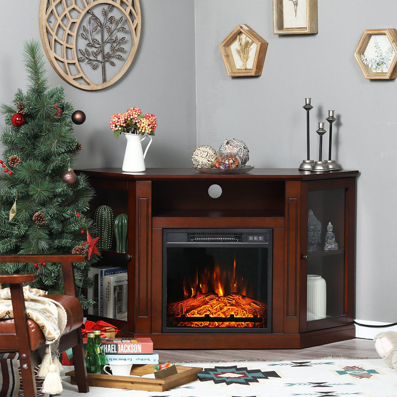 Phi Villa 48 Inch Wooden Hexagonal Electric Fireplace Corner TV Stand with Open Storage Shelves , Cabinets & Glass Door- Brown