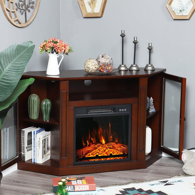 Phi Villa 48 Inch Wooden Hexagonal Electric Fireplace Corner TV Stand with Open Storage Shelves , Cabinets & Glass Door- Brown