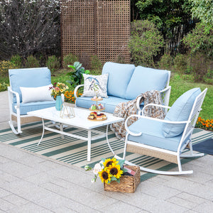 4-Seater Patio Metal All-White Sofa Set with Rattan Edge for Sale
