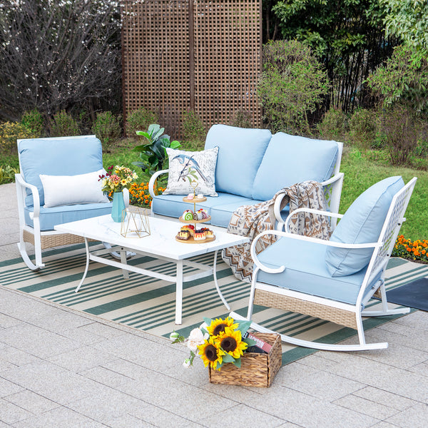 4-Seater Patio Metal All-White Sofa Set with Rattan Edge for Sale