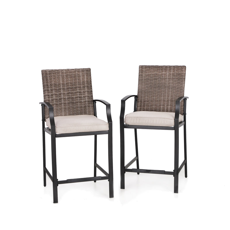 PHI VILLA Outdoor All-Weather Rattan Wicker Cushioned Bar Stools With Arms