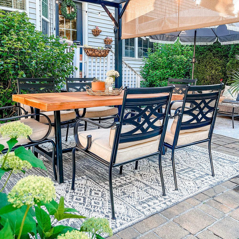 PHI VILLA 7 Piece Patio Dining Set with Acacia Wood Table & Steel Fixed Chairs