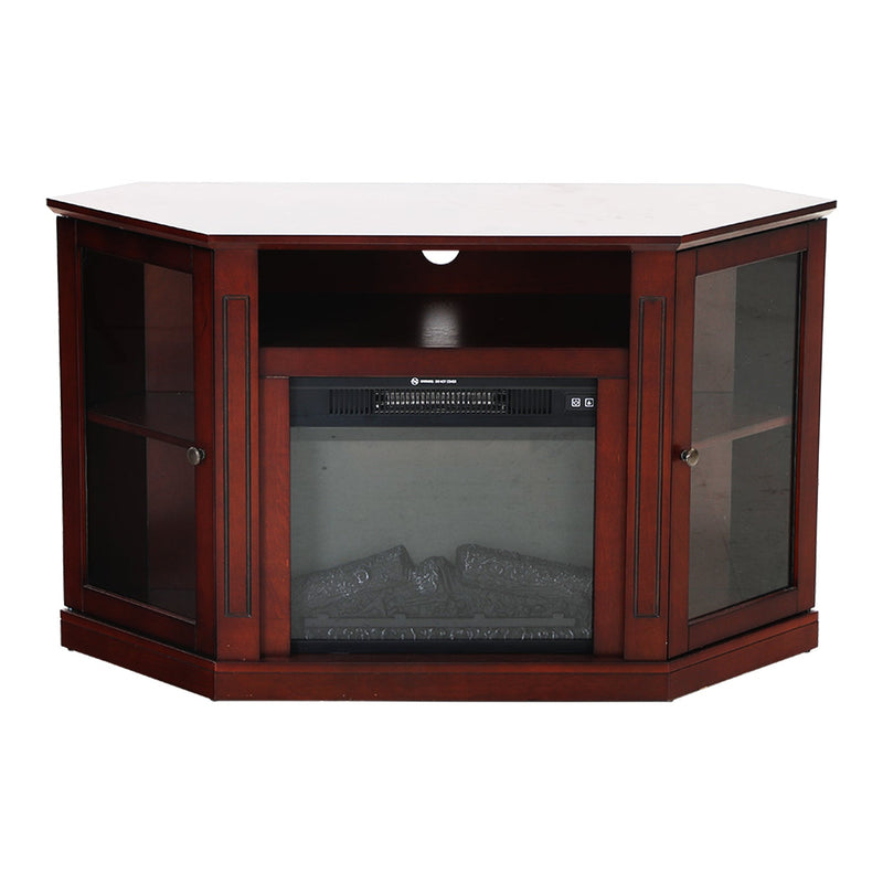 Phi Villa 48 Inch Wooden Hexagonal Electric Fireplace Corner TV Stand with Open Storage Shelves , Cabinets & Glass Door- Brown