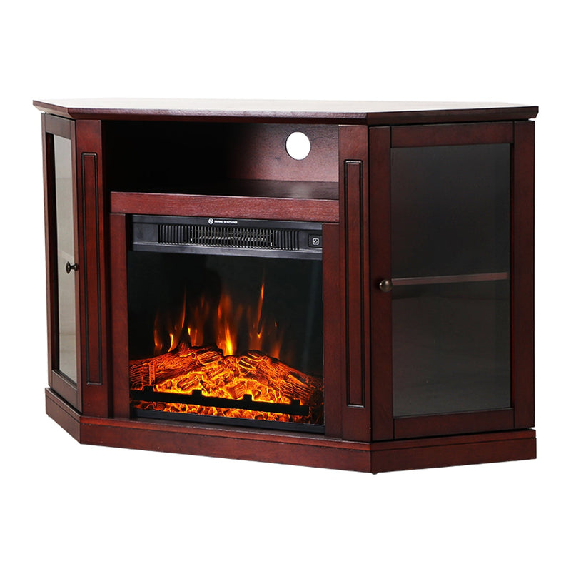 Phi Villa 48 Inch Wooden Hexagonal Electric Fireplace Corner TV Stand with Open Storage Shelves , Cabinets & Glass Door- Brown