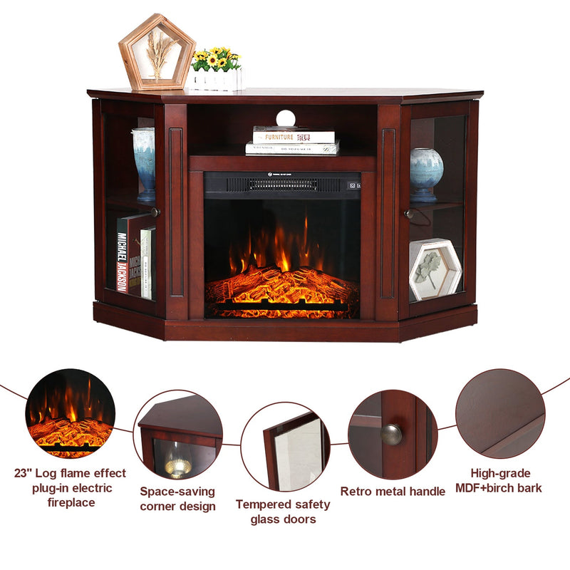 Phi Villa 48 Inch Wooden Hexagonal Electric Fireplace Corner TV Stand with Open Storage Shelves , Cabinets & Glass Door- Brown