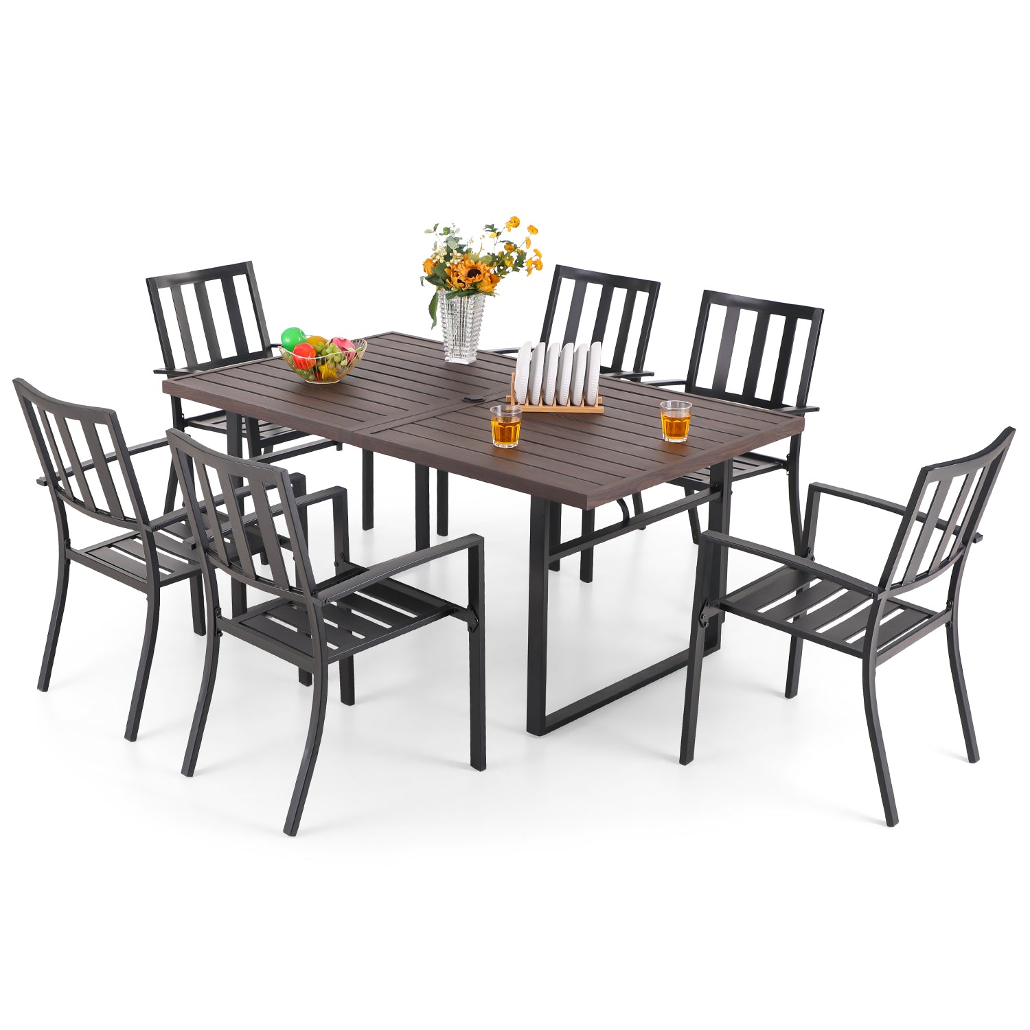 PHI VILLA 7-Piece Patio Dining Set 6 Stackable Chairs and Rectangle Ta