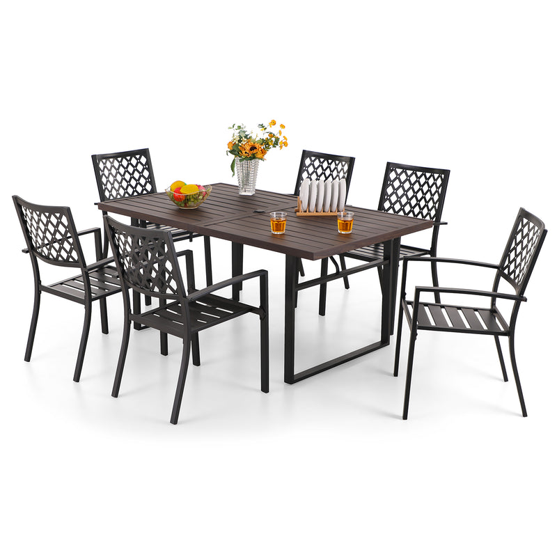 PHI VILLA 7-Piece Patio Dining Set 6 Fixed Stackable Chairs and Steel Rectangle Table