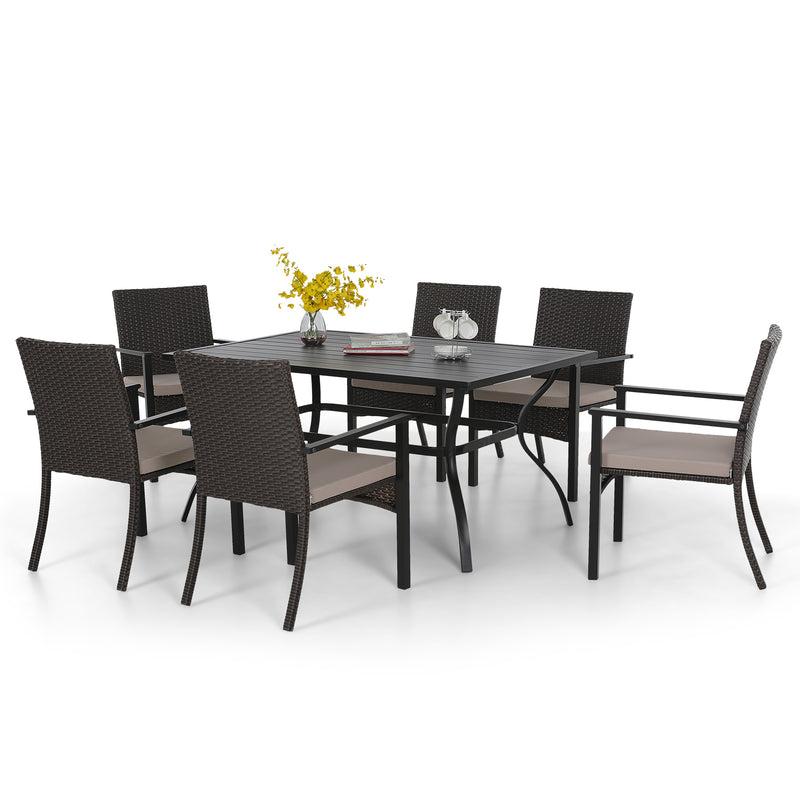 PHI VILLA 7-Piece Patio Dining Set with Steel Table & 6 Rattan Cushioned Chairs