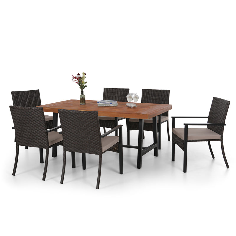 PHI VILLA 7-Piece Outdoor Dining Set with 6 Rattan Chairs & Acacia Wooden Table