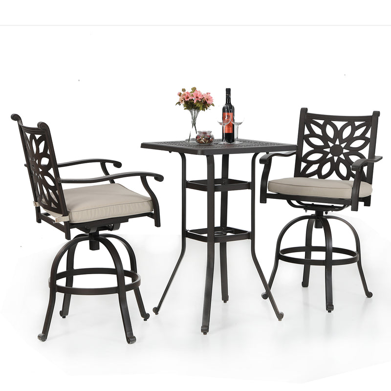 Phi Villa 3-Piece Cast Aluminum Square Table & 2 Patio High Swivel Bistro Bar Stools Chairs Set