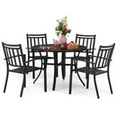 PHI VILLA 5-Piece Outdoor Dining Set 4 Patterned Stackable Chairs and Steel Slat Round Table