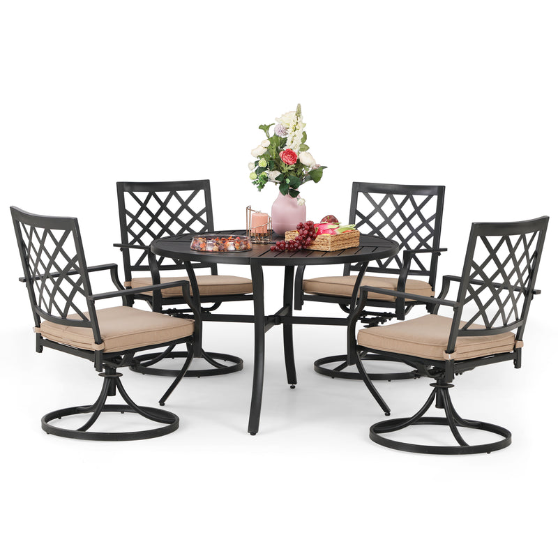 PHI VILLA 5-Piece Outdoor Dining Set 6 Swivel Chairs and Round Steel Slat Table