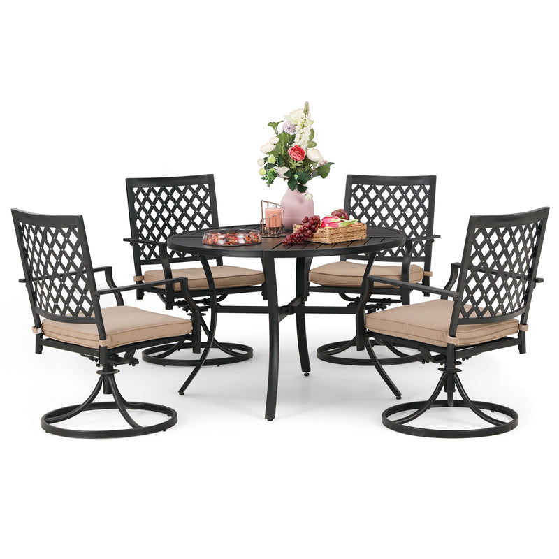 PHI VILLA 5-Piece Outdoor Dining Set 6 Swivel Chairs and Round Steel Slat Table