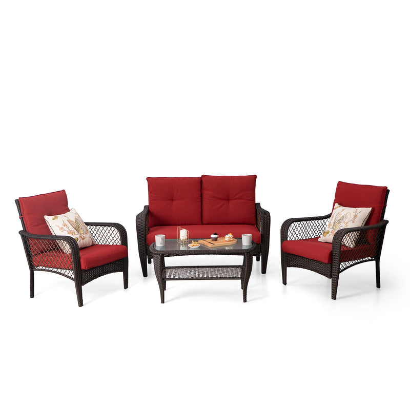 PHI VILLA 4-Piece Patio Wicker Rattan Patio Conversation Set Rattan Sofa Set