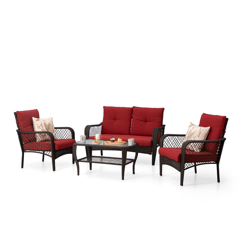 PHI VILLA 4-Piece Patio Wicker Rattan Patio Conversation Set Rattan Sofa Set