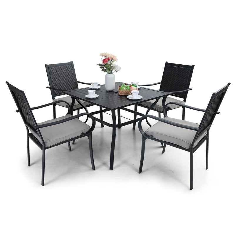 PHI VILLA 5-Piece Patio Dining Set with 4 Rattan Dining Chairs & Steel Square Table