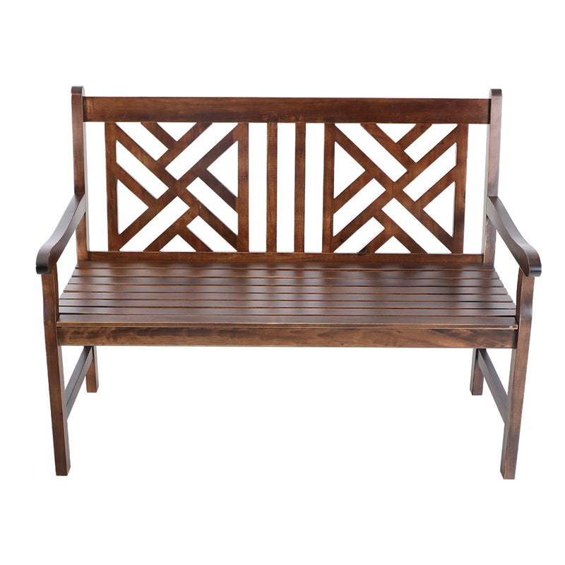PHI VILLA 2 Seat Outdoor Wooden Brown Bench With Curved Wide Armrest Porch Chair