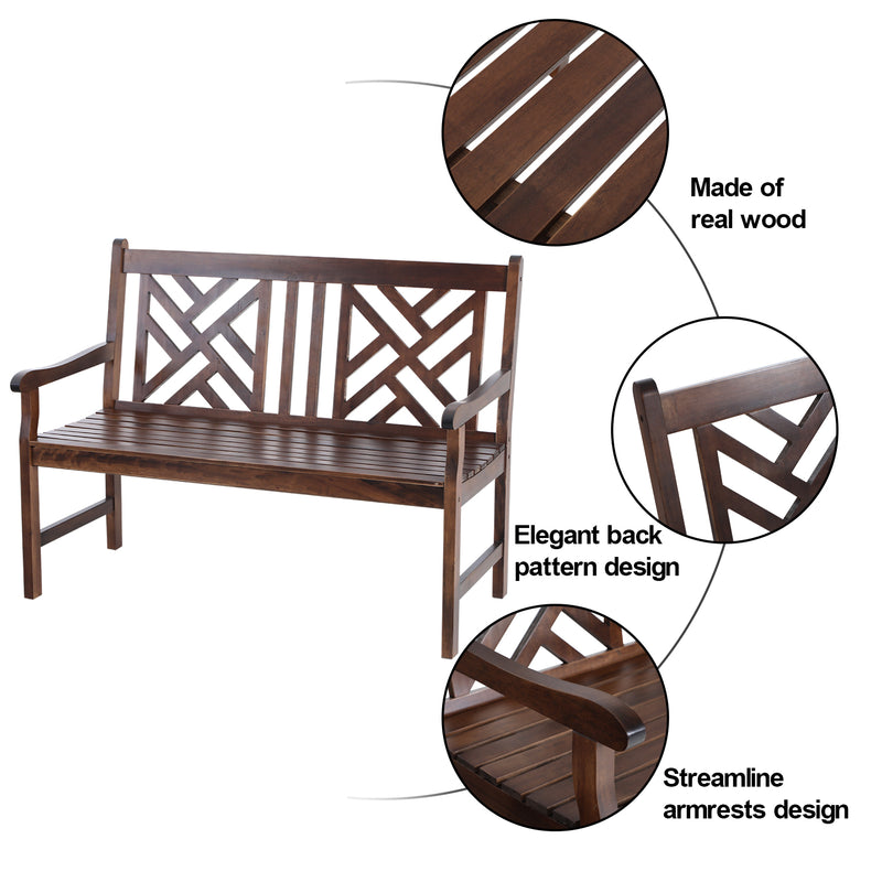 PHI VILLA 2 Seat Outdoor Wooden Brown Bench With Curved Wide Armrest Porch Chair