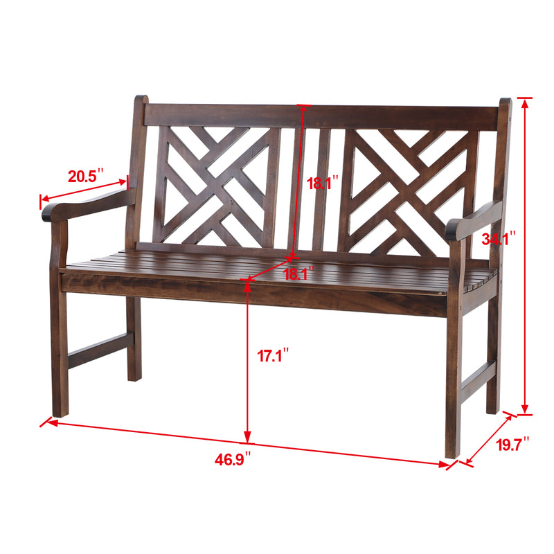 PHI VILLA 2 Seat Outdoor Wooden Brown Bench With Curved Wide Armrest Porch Chair
