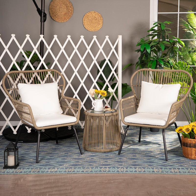 PHI VILLA 3-Piece Outdoor Rattan Conversation Set With Cushions