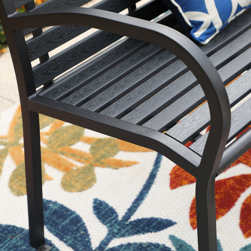 PHI VILLA Steel Frame Outdoor Bench With Wood Texture Print Porch Chair