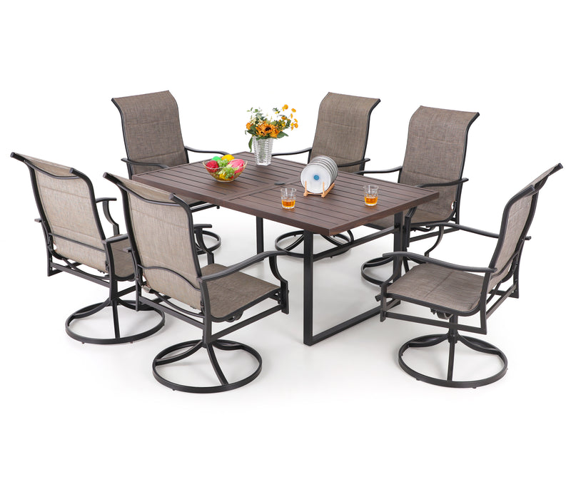 PHI VILLA 7-Piece Outdoor Dining Set 6 Textilene Padded Swivel Chairs and Steel Rectangle Table