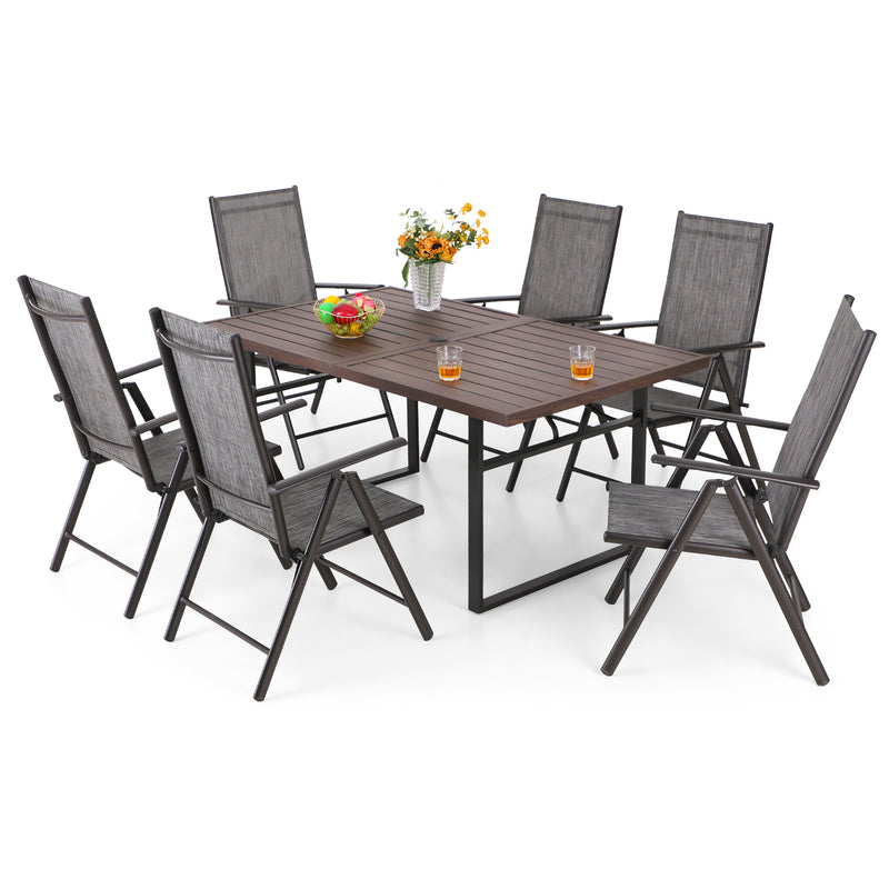 PHI VILLA 7 PCS Outdoor Dining Set 6 Adjustable Folding Sling Chair & Rectangle Dining Table