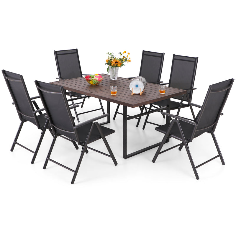 PHI VILLA 7 PCS Outdoor Dining Set 6 Adjustable Folding Sling Chair & Rectangle Dining Table