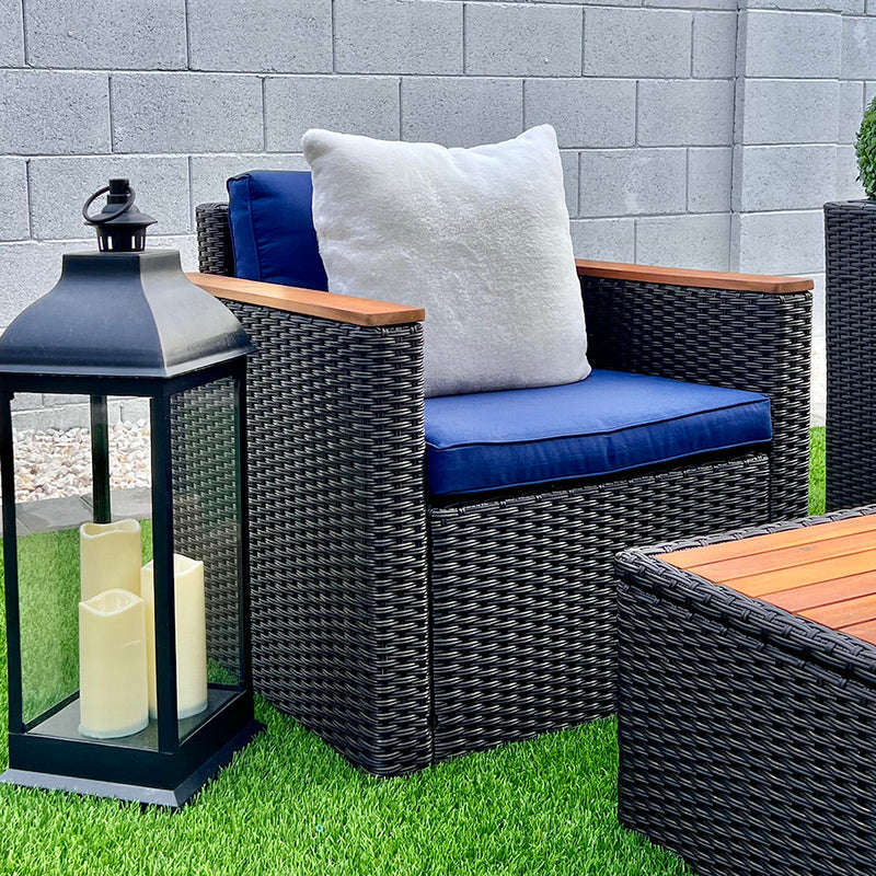 PHI VILLA 4-Piece Outdoor Rattan & Wood Sectional Sofa Conversation Set With Cushions