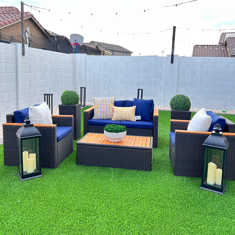 PHI VILLA 4-Piece Outdoor Rattan & Wood Sectional Sofa Conversation Set With Cushions