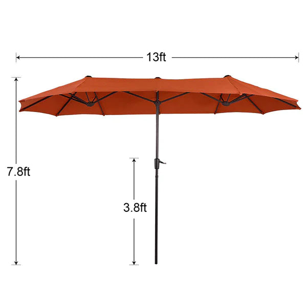 PHI VILLA 8-Piece Outdoor Dining Set with 13ft Umbrella & Steel Rectangle Table & Bullseye Pattern Fixed Steel Chairs