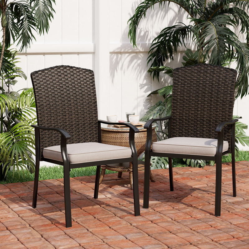 PHI VILLA Outdoor All-Weather Rattan Cushioned High Backrest Dining Chairs With Arms