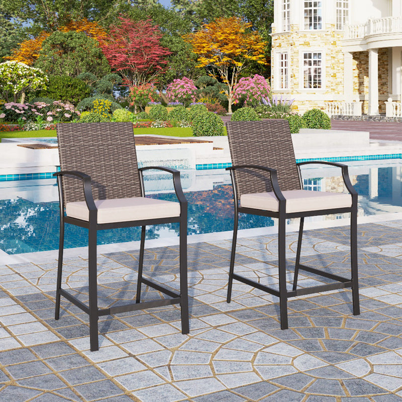 PHI VILLA Outdoor All-Weather Rattan Wicker Cushioned Bar Stools With Arms