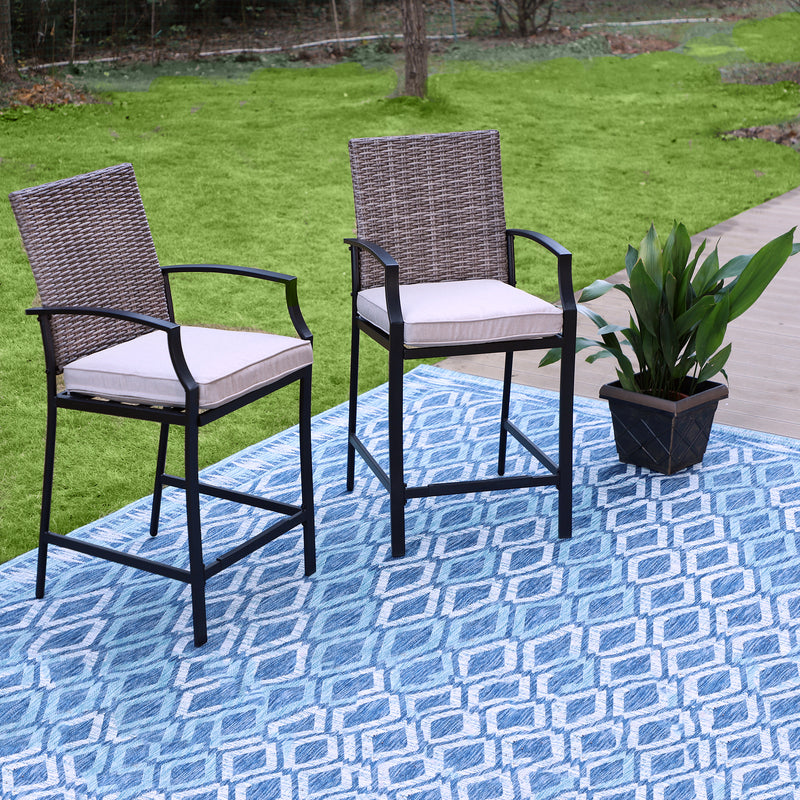 PHI VILLA Outdoor All Weather Rattan Wicker Cushioned Bar Stools With