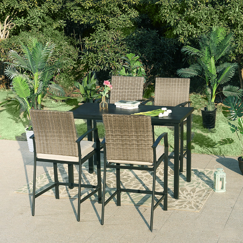 Outdoor Bar Stool Set Rattan Chair Back Cushioned High Bar stools & Rectangle High Table