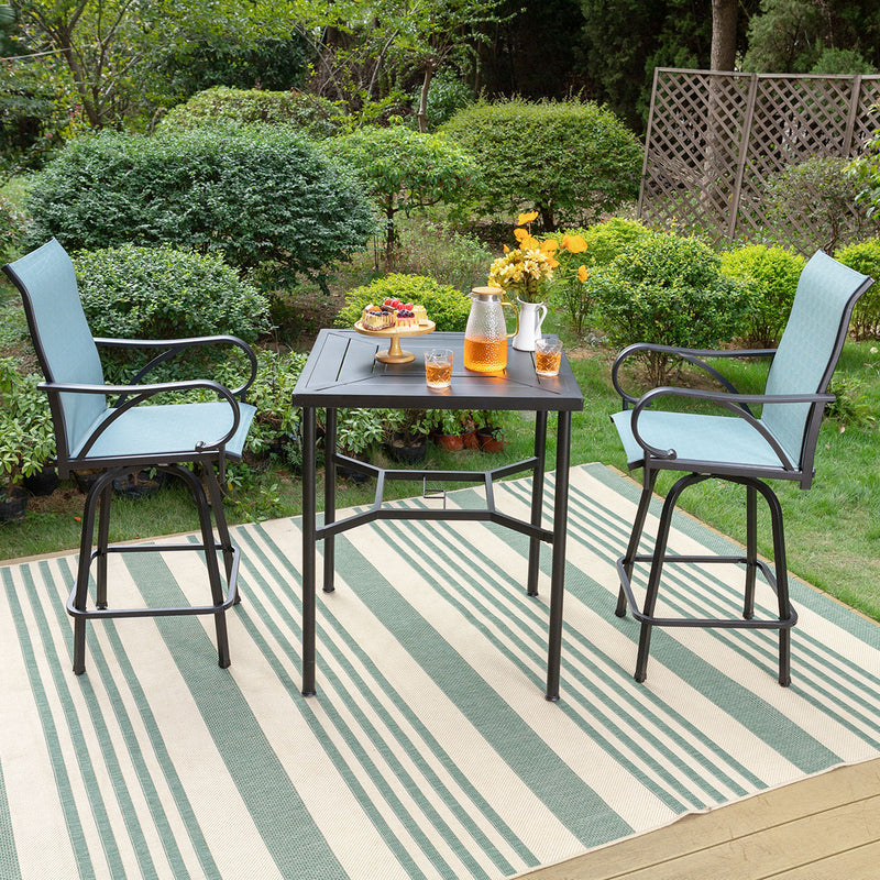 PHI VILLA 3/5 Piece Outdoor Bar Stool Set with Steel Square Table & Textilene Swivel Bar Stools