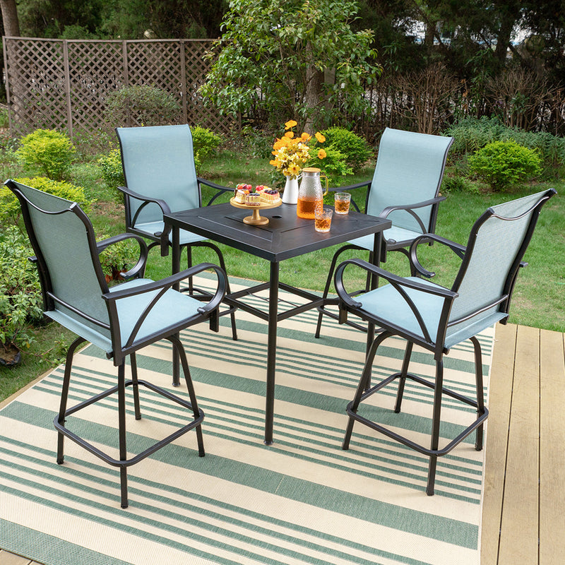 PHI VILLA 3/5 Piece Outdoor Bar Stool Set with Steel Square Table & Textilene Swivel Bar Stools