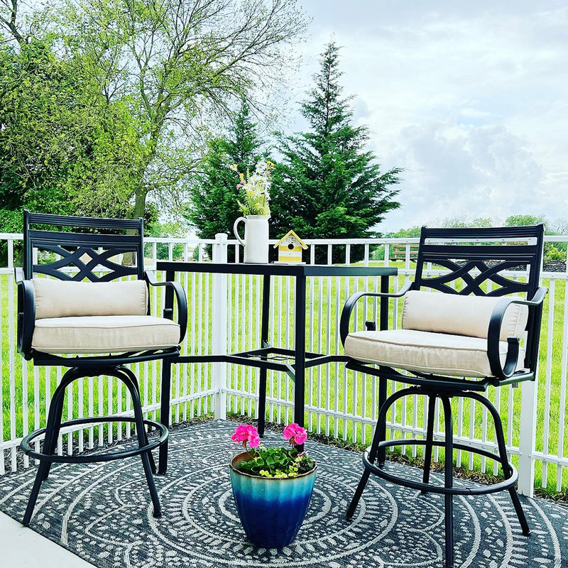 Outdoor Bar Stools Set with Steel Swivel Cushioned Bar Stools and High Table with Geometric Patterns