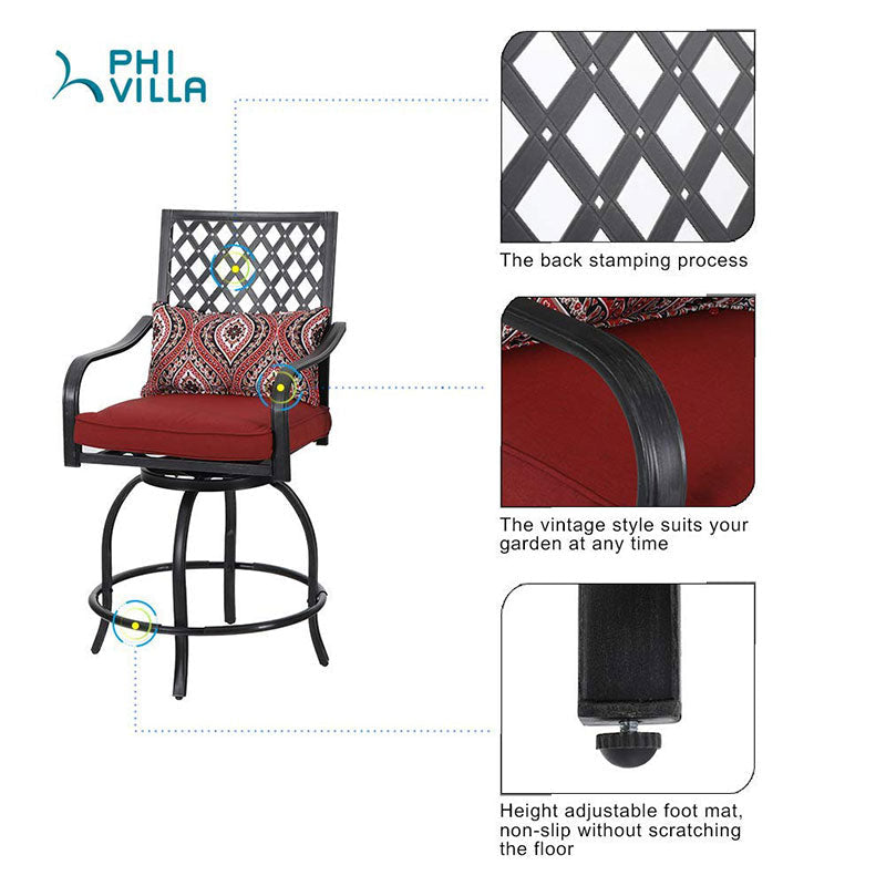 PHI VILLA Patio Bar Stools Set with Swivel Cushioned Bar Stools and High Table