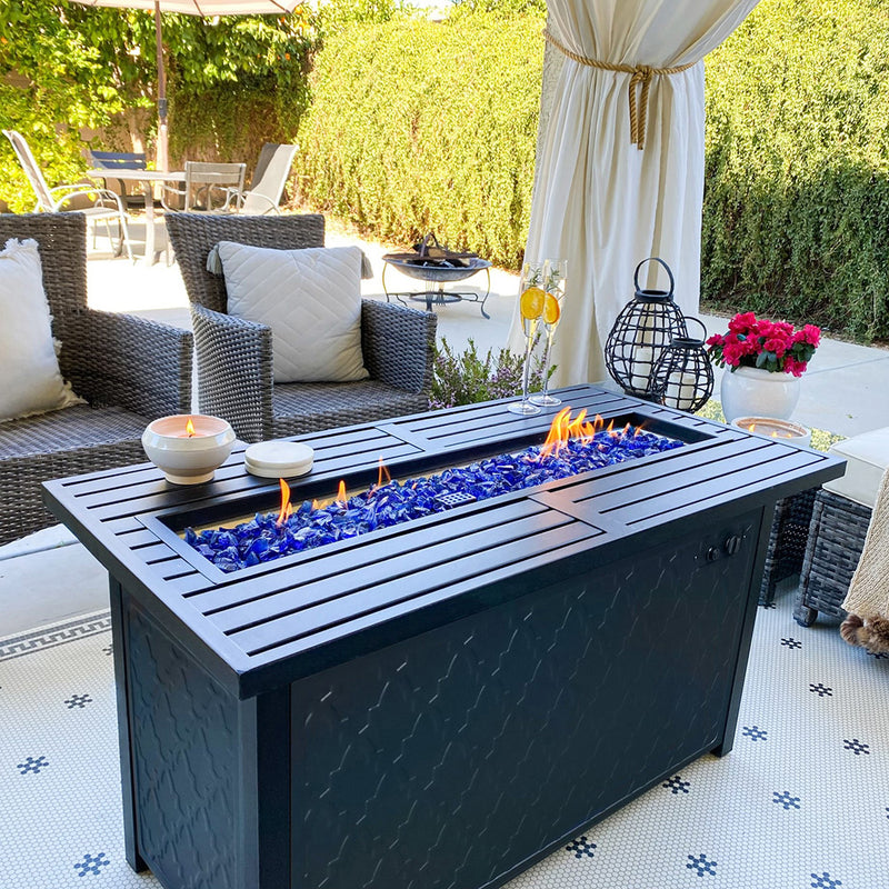 PHI VILLA 50,000 BTU Outdoor Rectangle Metal Gas Fire Pit Table With Lid & Blue Fire Glass