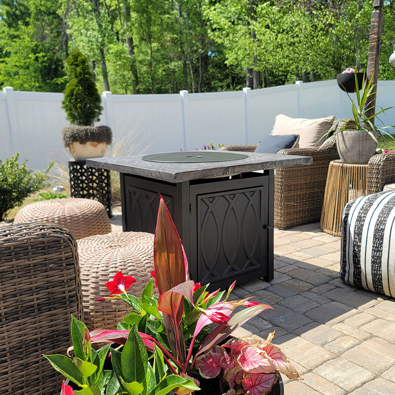 PHI VILLA 32 Inch 50,000 BTU Outdoor Terrafab Square Gas Fire Pit Table With Lid & Lava Rocks & PVC Cover