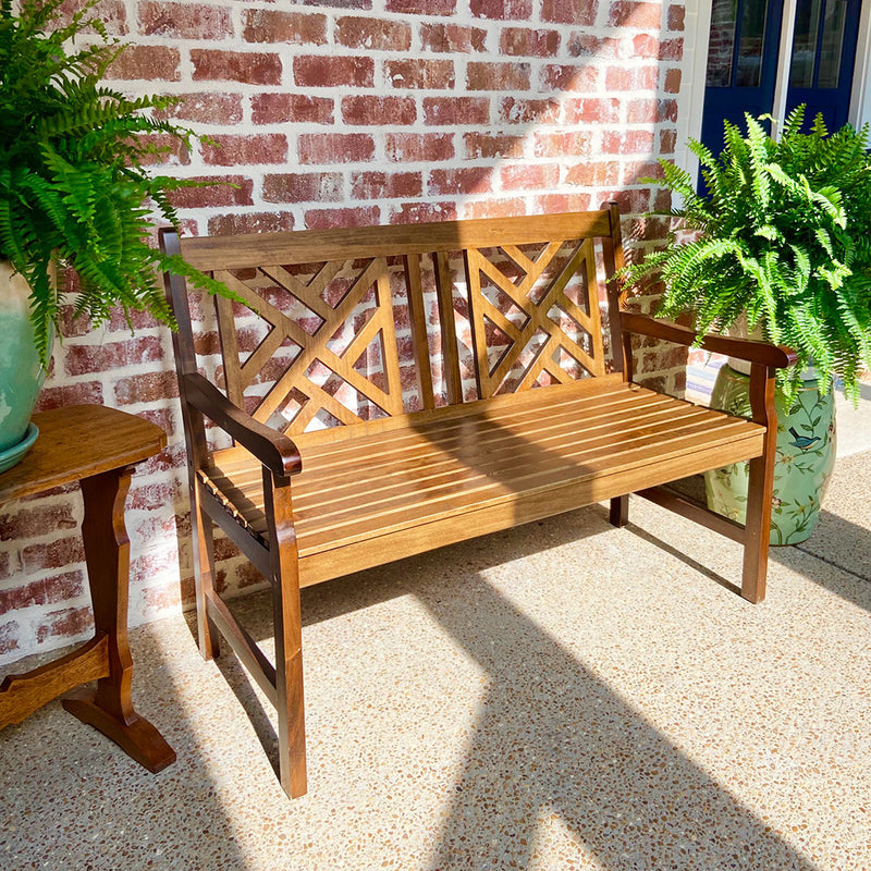 PHI VILLA 2 Seat Outdoor Wooden Brown Bench With Curved Wide Armrest Porch Chair