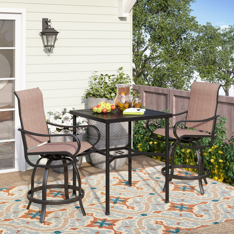 PHI VILLA 3-Piece Patio Bar Set With 2 Swivel Rattan Bar Stools & 1 Square Table