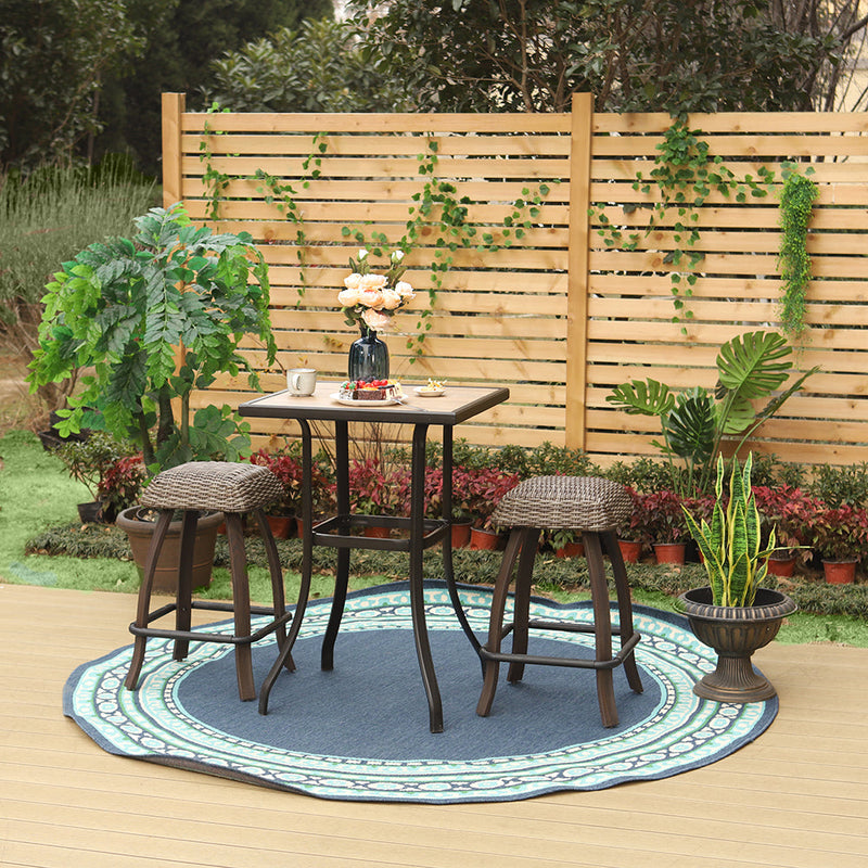 PHI VILLA Patio Bar Stool Set Rattan Wicker Backless Stools & Wood-look Bar Table