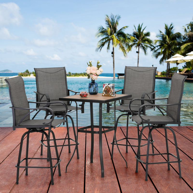 PHI VILLA 3/5 Piece Patio Bar Set of 1 Wood-look Coffee Table & Swivel Textilene Bar Stools 