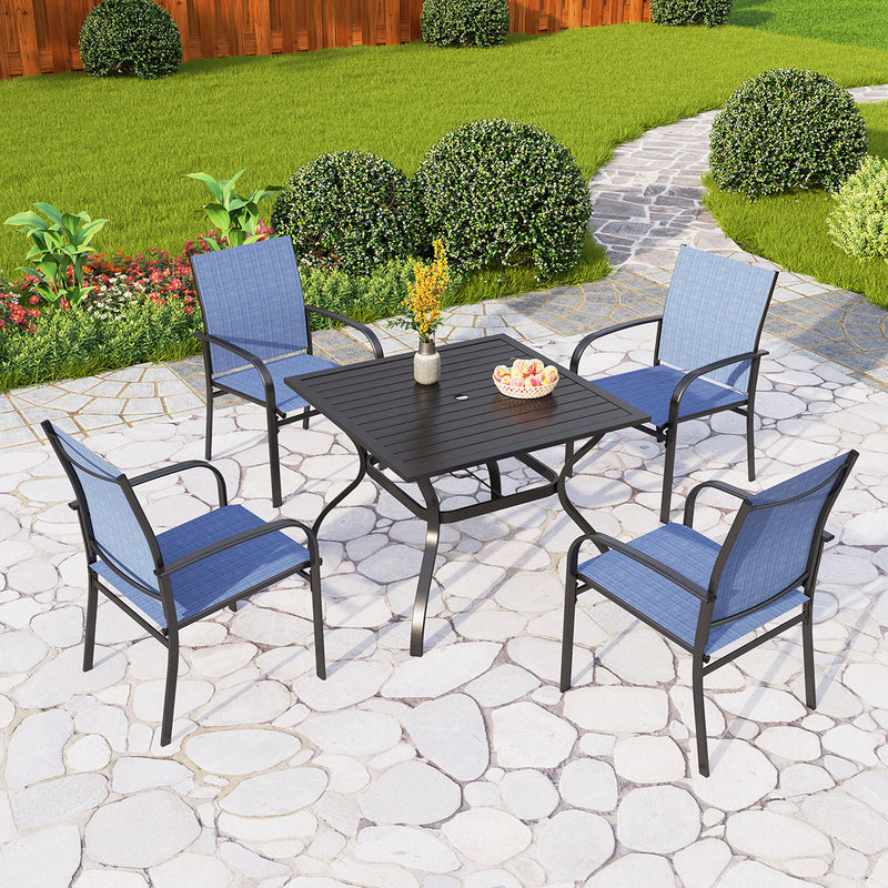 PHI VILLA 5 PCS Patio Dining Set 4 Textilene Fixed Chairs & Square Table