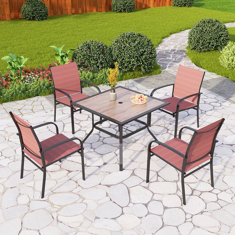 PHI VILLA 5 PCS Patio Dining Set 4 Textilene Fixed Chairs & Square Table