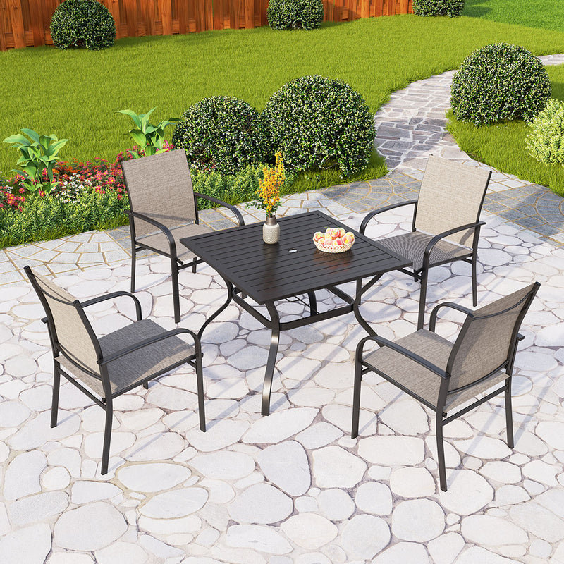 PHI VILLA 5 PCS Patio Dining Set 4 Textilene Fixed Chairs & Square Table