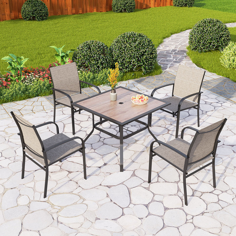 PHI VILLA 5 PCS Patio Dining Set 4 Textilene Fixed Chairs & Square Table