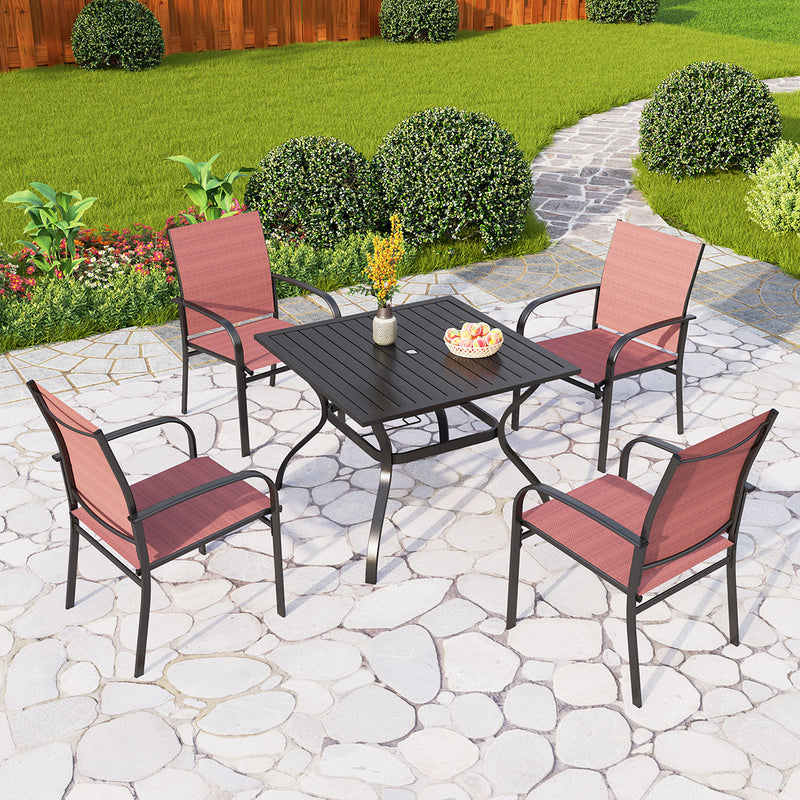 PHI VILLA 5 PCS Patio Dining Set 4 Textilene Fixed Chairs & Square Table